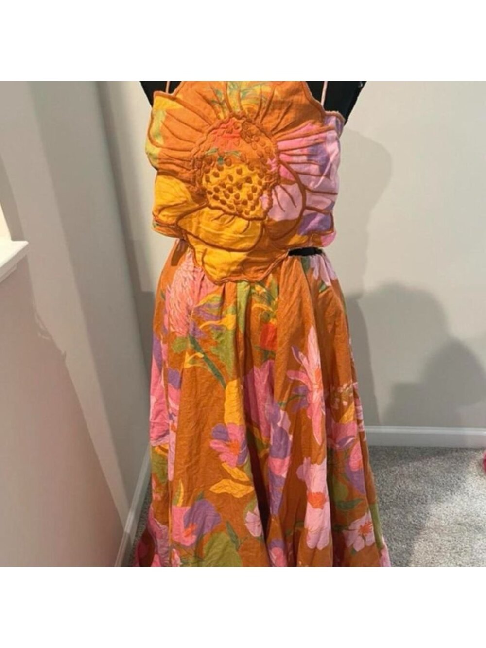 NWT Farm Rio Orange Large Maxi Dress Flower Cutout Vacation Tropical Floral Vaca